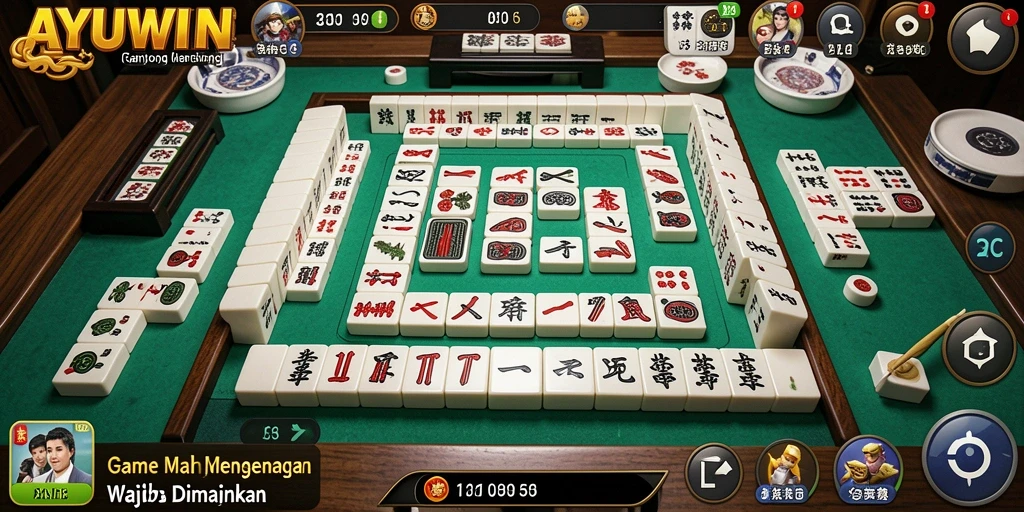 Screenshot gameplay AYUWIN dengan ubin Mahjong yang berwarna-warni.