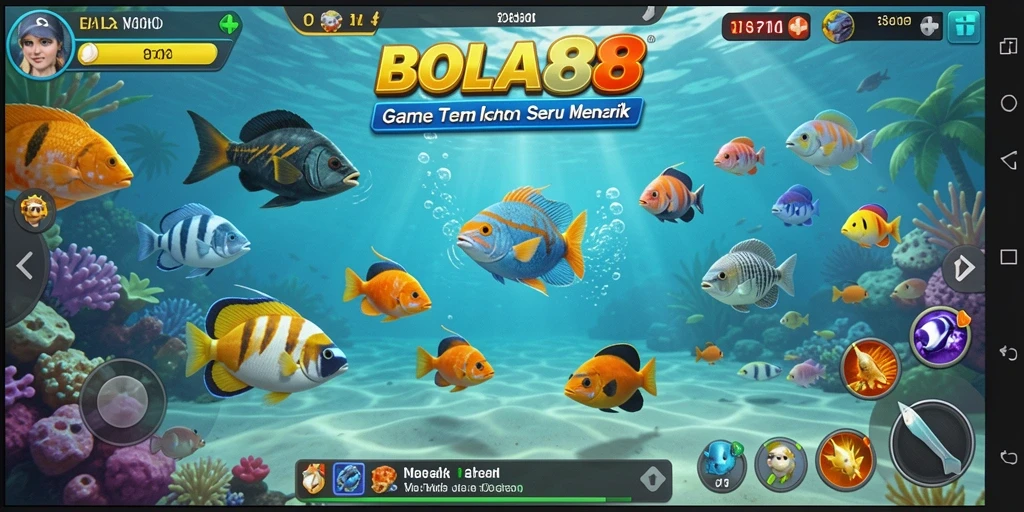 Tampilan gameplay BOLA88 dengan berbagai ikan berwarna-warni.