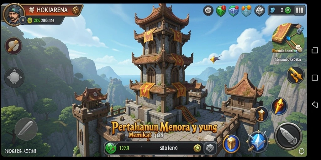 Tampilan gameplay seru HOKIARENA dengan menara dan hero beraksi.