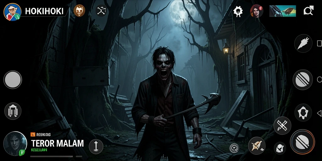 Screenshot menunjukkan gameplay menegangkan dalam suasana kegelapan yang intens.