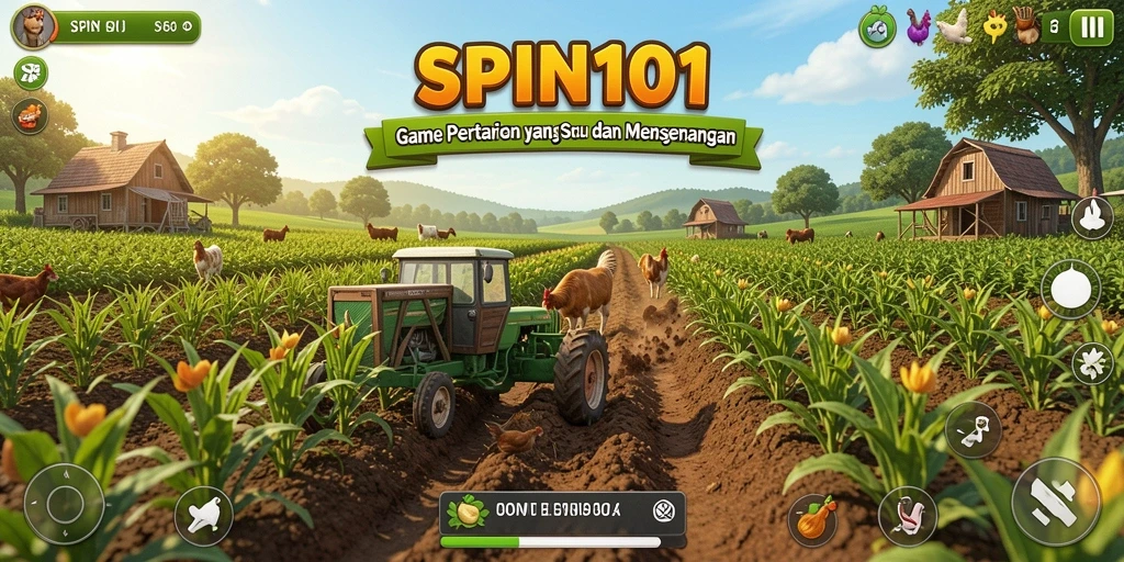 Tampilan gameplay <strong>SPIN101</strong> yang menampilkan kebun yang subur dan aktivitas bertani.